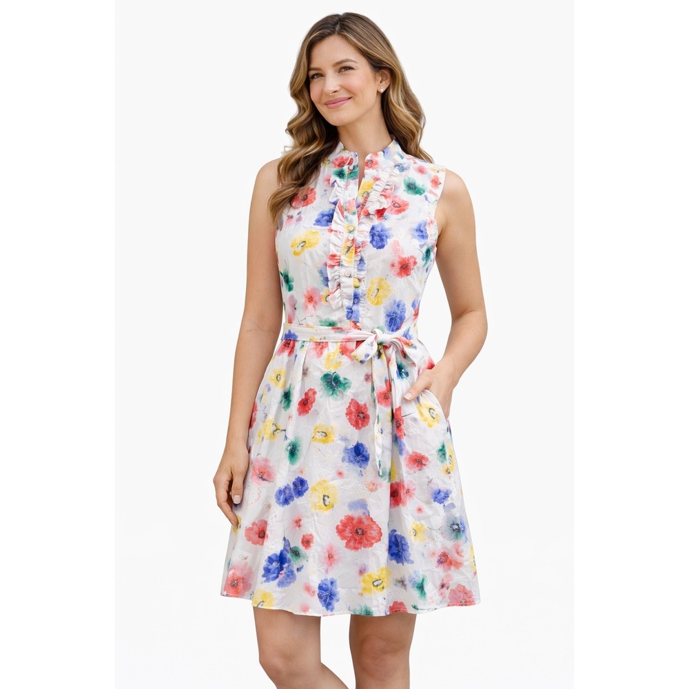 TAHARI ASL Floral Eyelet Dress Size 8 Sleeveless Ruffle Waist Tie Spring